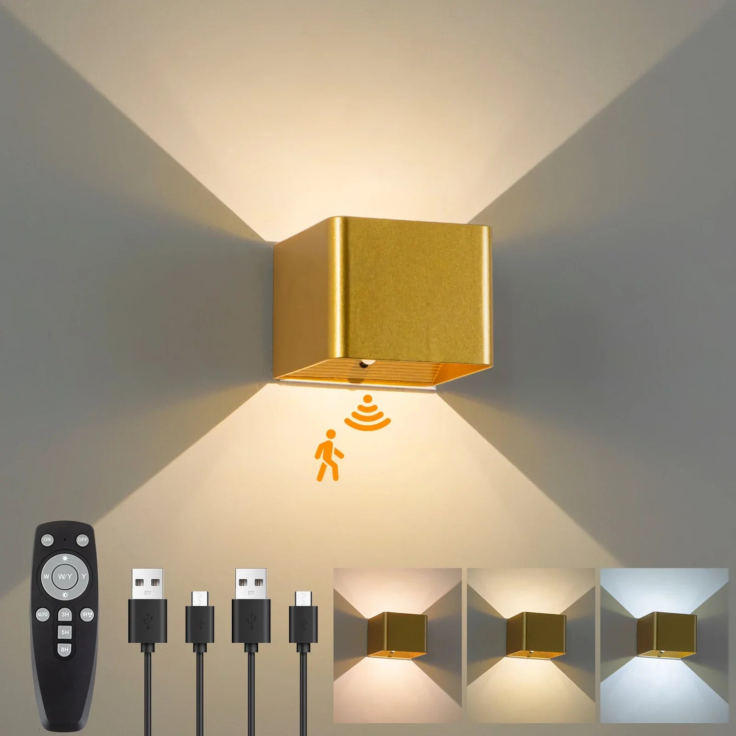 Battery Operated LED Wall Light Motion Sensor Remote Rechargeable Bedroom