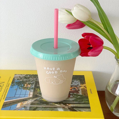 Cute Kawaii Water Bottle | Reusable Plastic Tumbler with Straw Lid for Coffee Juice Tea