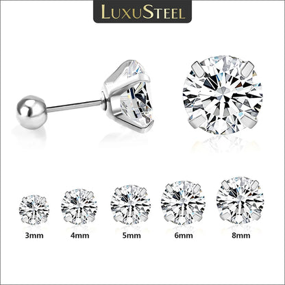 LUXUSTEEL Crystal Zircon Stud Earrings | Screw Back Round CZ Earrings for Men Women