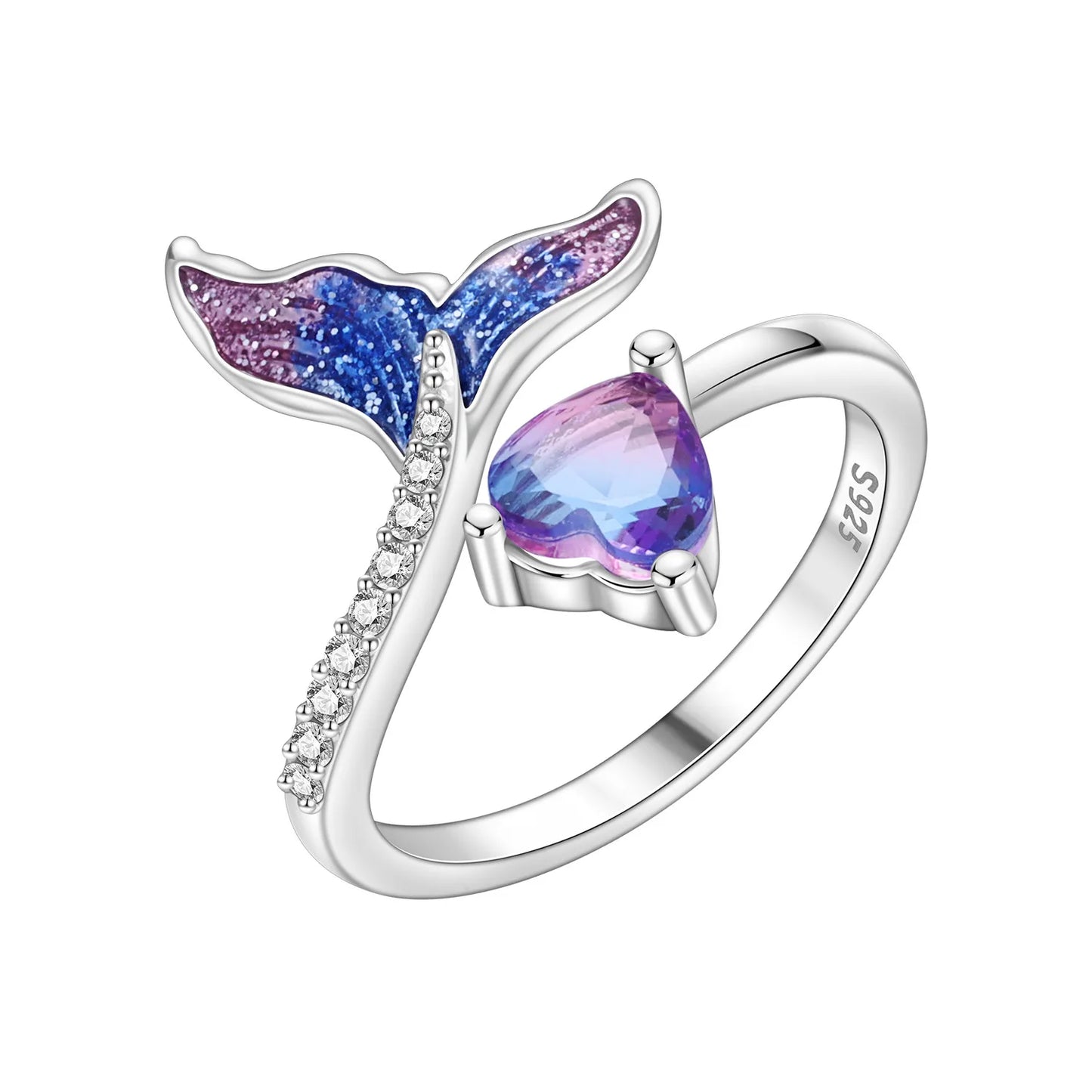 925 Sterling Silver Open Ring Adjustable Mermaid Heart Zircon Ring | Women's Fine Jewelry
