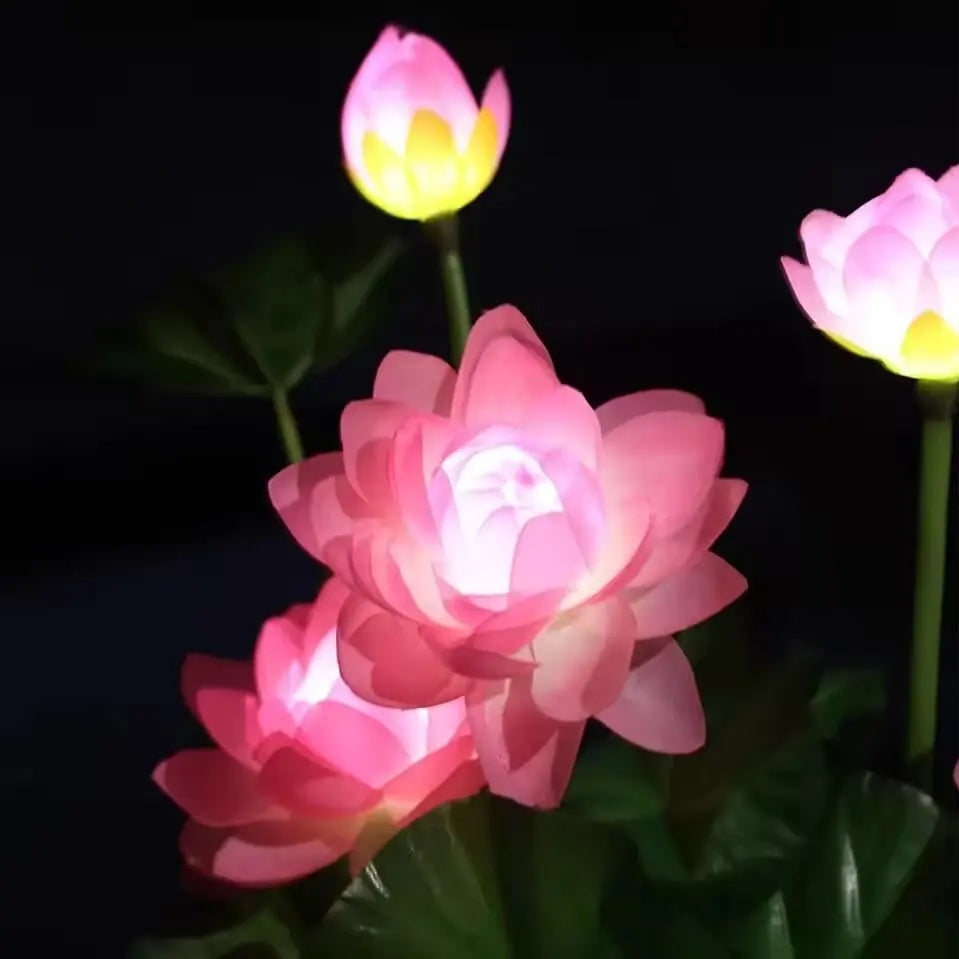 1 luz solar LED de loto de 3 cabezas, lámpara de césped impermeable para exteriores, iluminación de paisaje para jardín, patio, césped, terraza, parque, plaza