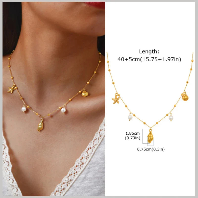 18k Gold Plated Pearl Shell Starfish Necklace | Summer Beach Jewelry for Women