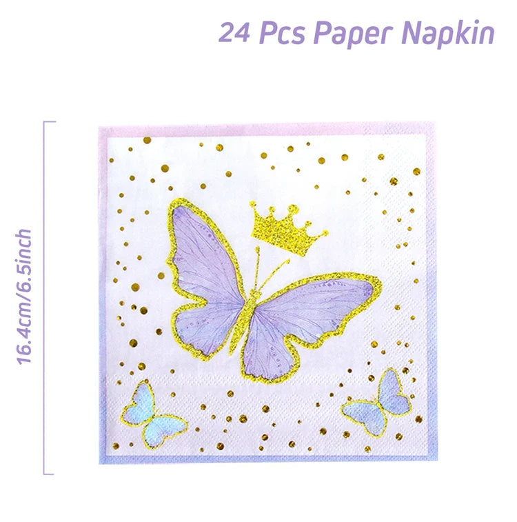 Vaisselle jetable Papillon Violet Serviette Papillon Décoration de Fête d'Anniversaire Fille Baby Shower Baptême Révélation de Genre Fournitures