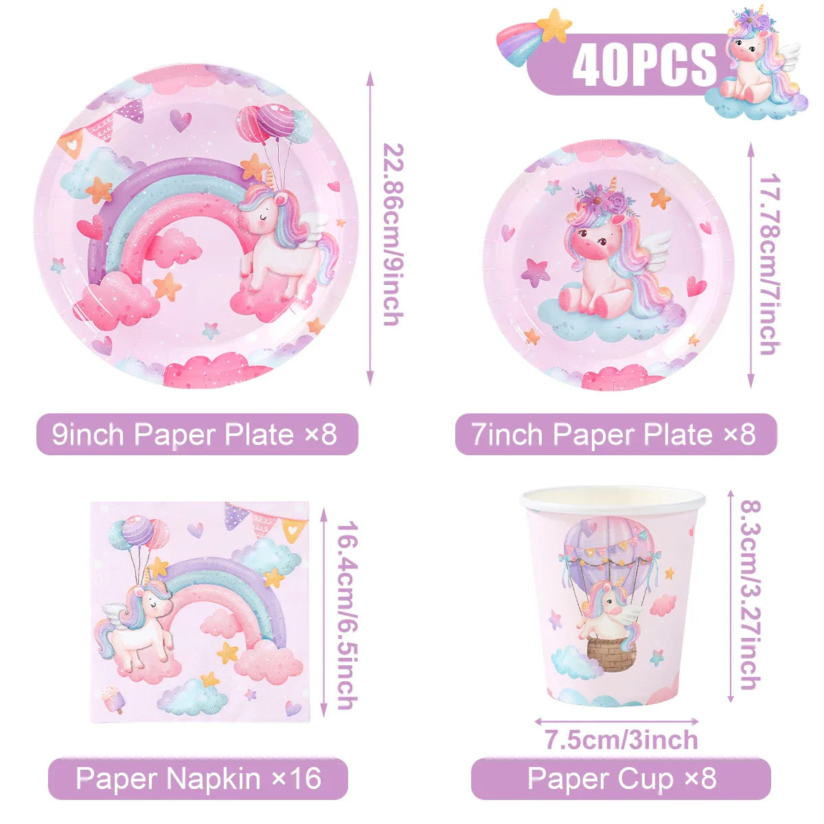 Set de vaisselle jetable licorne Assiettes Gobelets Serviettes Décoration de fête d'anniversaire Enfants Garçon Fille Fournitures de fête d'anniversaire de mariage