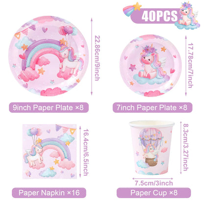 Set de vaisselle jetable licorne Assiettes Gobelets Serviettes Décoration de fête d'anniversaire Enfants Garçon Fille Fournitures de fête d'anniversaire de mariage
