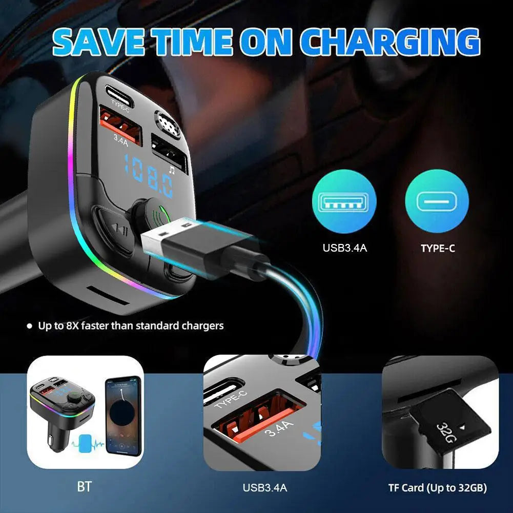 Bluetooth 5.0 FM Transmitter Car Charger with PD QC3.0 Fast Charging and Type C Adapter