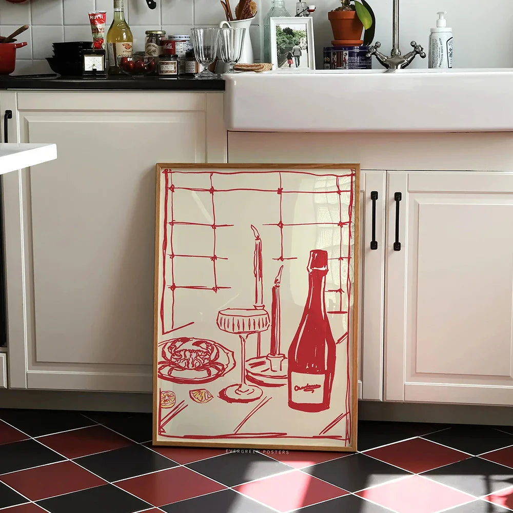 Décoration murale moderne avec un crabe et du vin, dessinée à la main en rouge, pour cuisine rose, salon, chambre à coucher