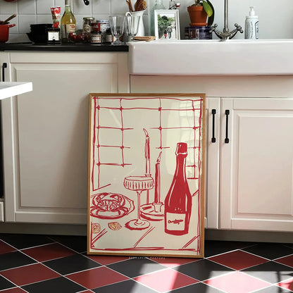 Décoration murale moderne avec un crabe et du vin, dessinée à la main en rouge, pour cuisine rose, salon, chambre à coucher