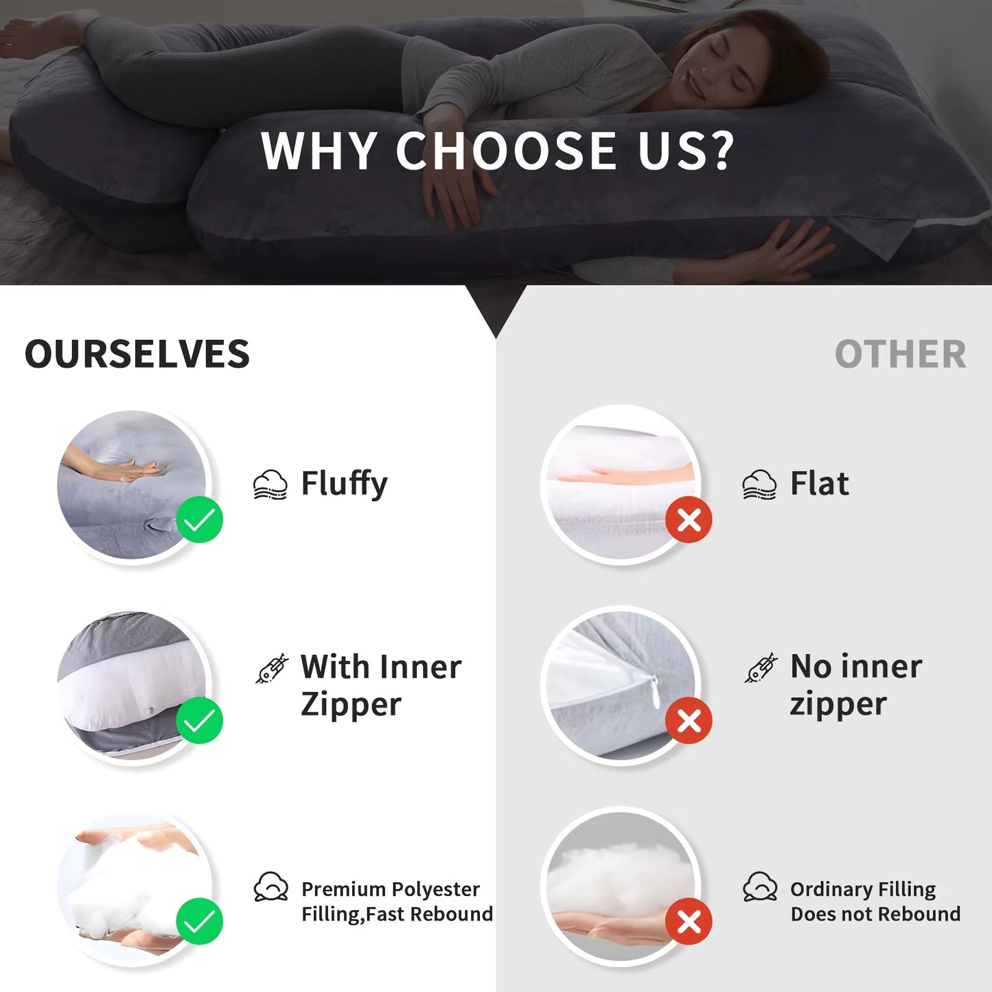 U-Shaped Full Body Pillow Side Sleeper Support Cushion 155cm Grey