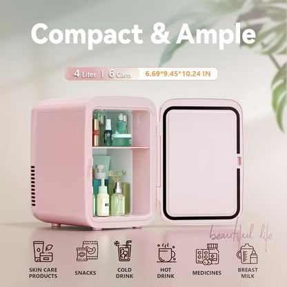 Pink 4L Mini Fridge Portable AC/DC Skincare Cosmetics Beverage Cooler