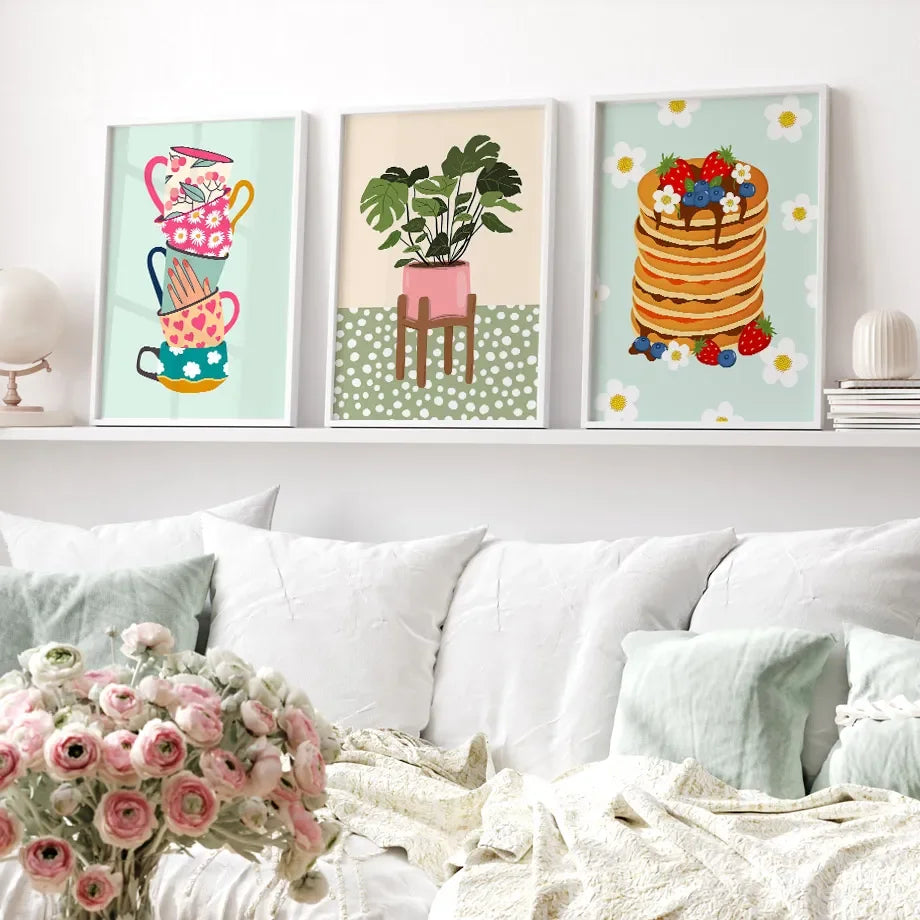 Plantes Tropicales Vase Marguerite Pizza Tasse à Café Nourriture Posters Abstraits Impressions Murales sur Toile Photos Décoration Bohème pour Cuisine et Salon