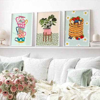 Plantes Tropicales Vase Marguerite Pizza Tasse à Café Nourriture Posters Abstraits Impressions Murales sur Toile Photos Décoration Bohème pour Cuisine et Salon