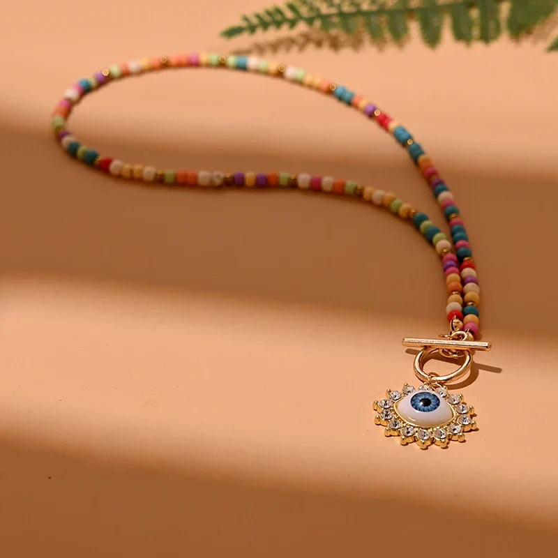 4mm Colorful Stone Choker Necklace for Women | Round Evil Charm Pendant
