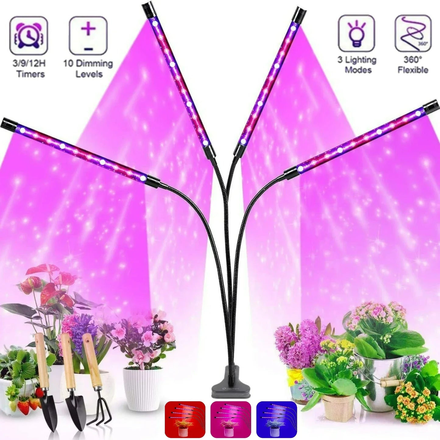 Lampe de croissance LED pour plantes, 10 niveaux de luminosité réglable, spectre complet, minuterie 3H/9H/12H, pour jardin intérieur et légumes