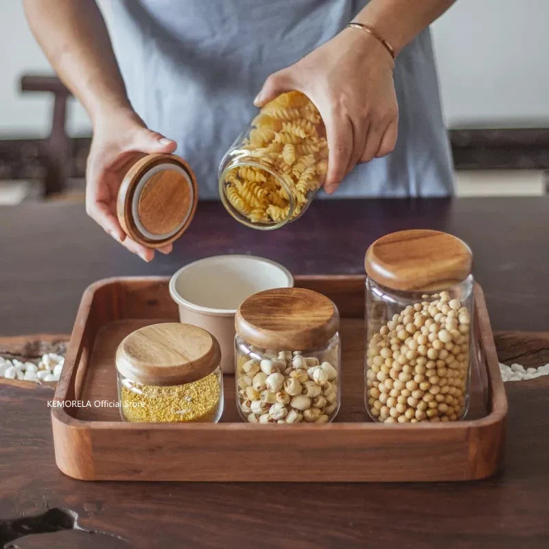 KEMORELA Bocal de conservation alimentaire transparent en bois d'acacia, pot à thé rond, pour fruits secs, snacks, pot de rangement en verre scellé pour la cuisine
