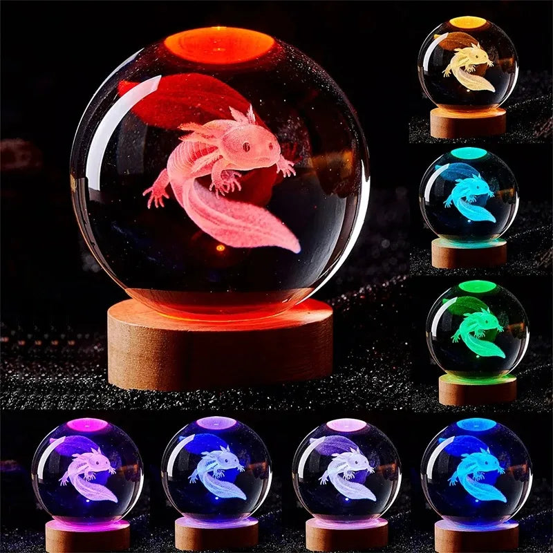 3D Axolotl Crystal Ball Night Light | LED Laser Engraved Glass Decor Lamp Gift