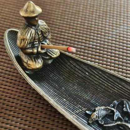 Fishing Old Man Incense Burner | Decorative Metal Boat Incense Holder