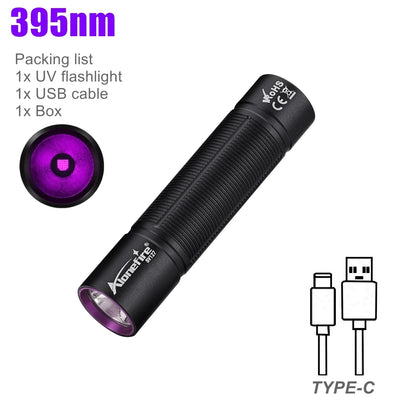 Mini 365nm/395nm UV Flashlight | USB Rechargeable Blacklight for Pet Urine Detection and Money Verification