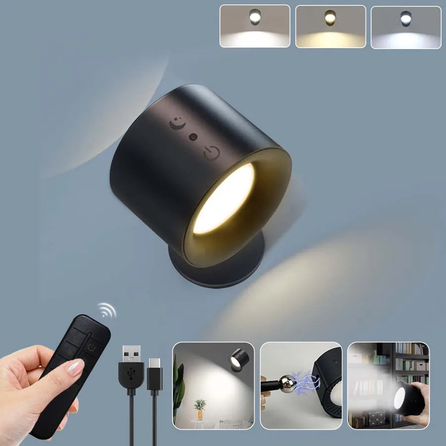 Wireless LED Wall Sconce Light 360° Rotatable Touch Control 3 Color Bedroom Lamp