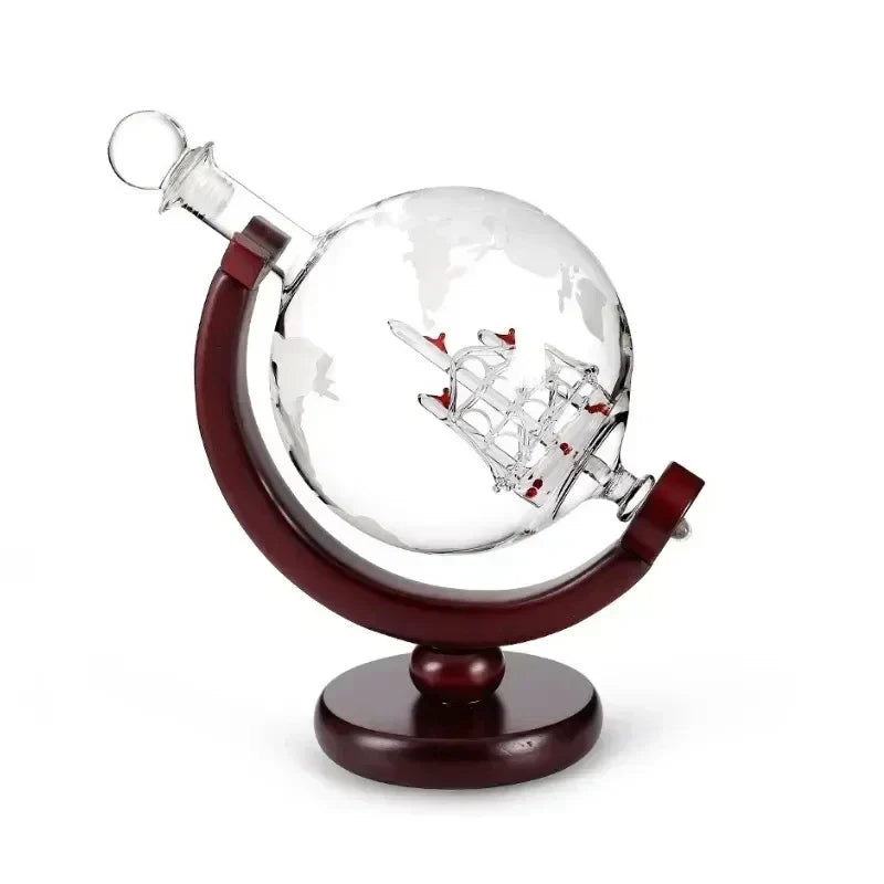900ML Creative Globe Decanter Set with Lead-free Carafe Exquisite Wood-stand and 2 Glasses Whiskey Decanter Globe Grade Gift