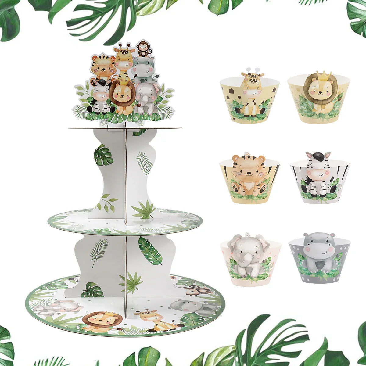 Soporte para cupcakes de animales de la selva, safari, baby shower, decoraciones de fiesta de cumpleaños, soporte para cupcakes, artículos de fiesta salvajes para niños