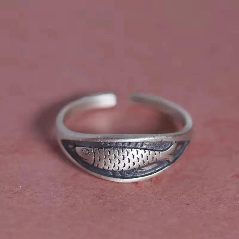 PANJBJ Real 925 Sterling Silver Retro Round Ring | Vintage Fine Jewelry for Women