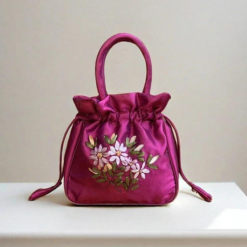 Small Embroidered Flower Bucket Bag | Women's Top Handle Drawstring Purse