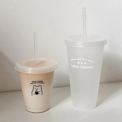 Cute Reusable Plastic Water Bottle with Straw | Portable Cold Cup for Coffee, Juice, & Milk Tea