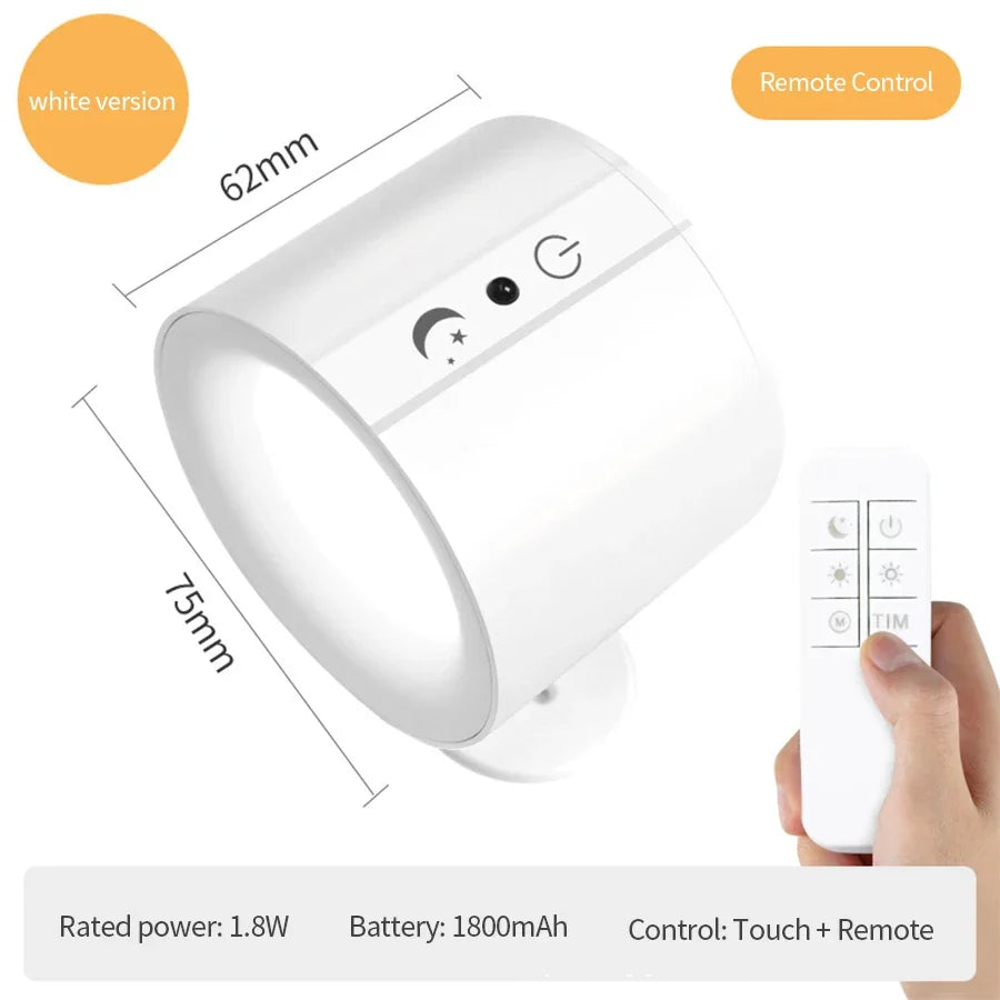 Wireless LED Wall Sconce Light 360° Rotatable Touch Control 3 Color Bedroom Lamp