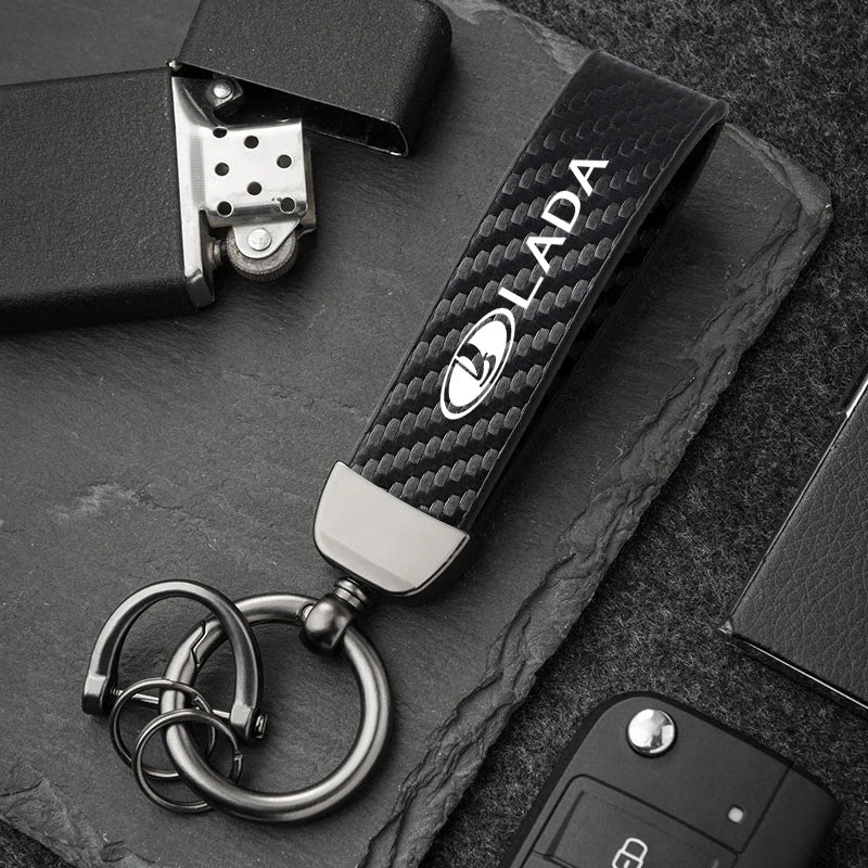 Car Carbon Fiber Style Keychain | Lada Accessory with Microfiber Leather