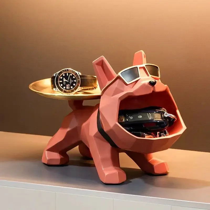 Statue de bouledogue en résine, avec plateau, pour rangement de clés, bijoux, décoration de maison, sculpture d'animal