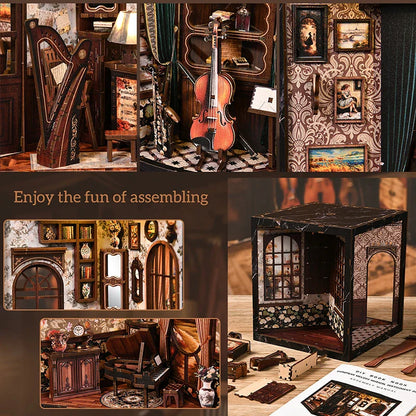 European Melody Musical Instrument Box DIY Miniature House, 3D Puzzle Bookend Model, Wooden Bookend. Creative Gift