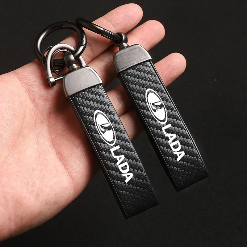 Car Carbon Fiber Style Keychain | Lada Accessory with Microfiber Leather