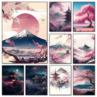 Póster japonés de flor de cerezo, montaña Fuji, puesta de sol, Tokio, lienzo impreso en HD, pintura artística de pared, imágenes, decoración del hogar