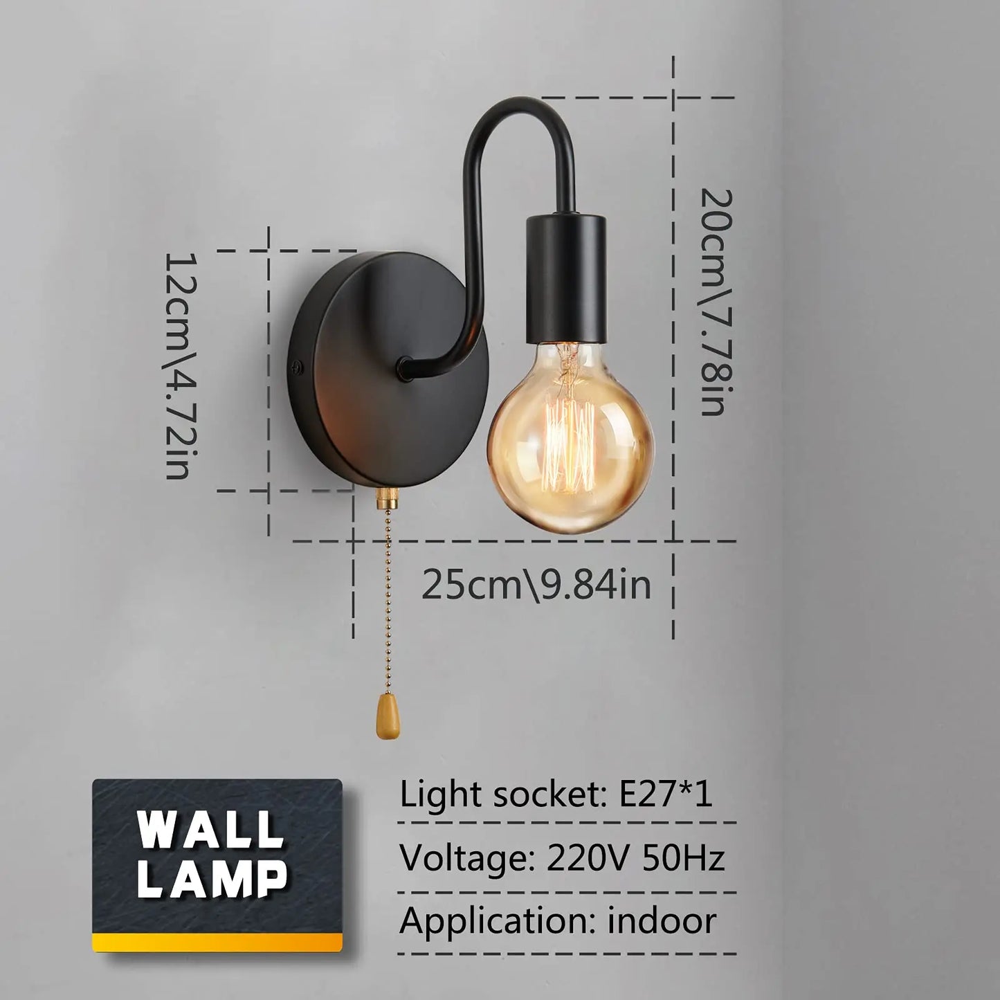 Applique murale industrielle noire – Lampe nordique en fer E27 pour chambre et salle de bain