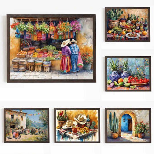 Vintage Colourful Mexico Wall Art Market Life Traditional Painting HD Canvas Printed Poster Home Living Room Bedroom Decoration