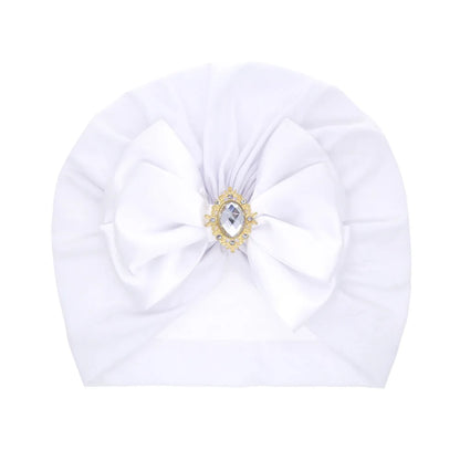 Solid Color Baby Turban Bow Beanie with Rhinestone | Handmade Infant Cap for Girls 0-2 Years
