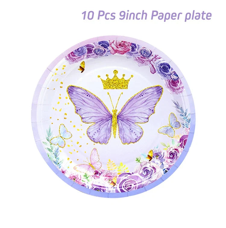 Vaisselle jetable Papillon Violet Serviette Papillon Décoration de Fête d'Anniversaire Fille Baby Shower Baptême Révélation de Genre Fournitures