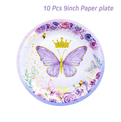 Vaisselle jetable Papillon Violet Serviette Papillon Décoration de Fête d'Anniversaire Fille Baby Shower Baptême Révélation de Genre Fournitures