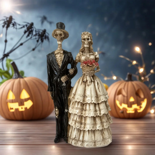 1 Ornement de statue de couple de squelettes pour Halloween, style robe de mariée vintage, décoration de fête de bureau à domicile, article d'ambiance effrayante et romantique