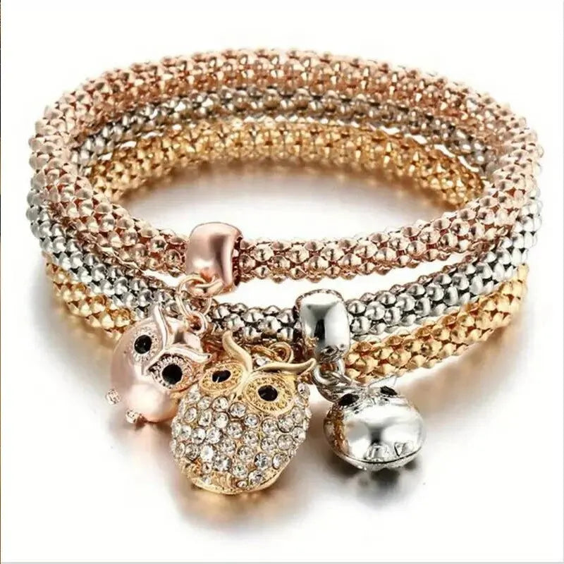 Rose Gold Plating Silver Color Chain Charm Bangle Jewelry Set