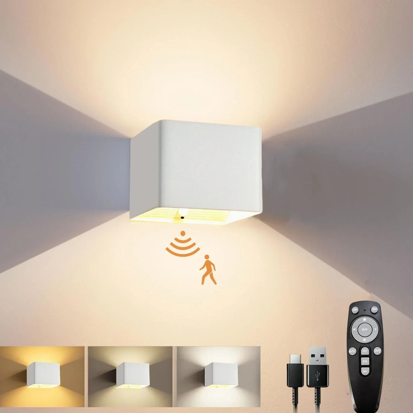 Battery Operated LED Wall Light Motion Sensor Remote Rechargeable Bedroom