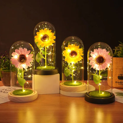 Lampe Dôme LED Tournesol Fleur Artificielle Cadeau pour Maman Grand-mère Décoration Maison