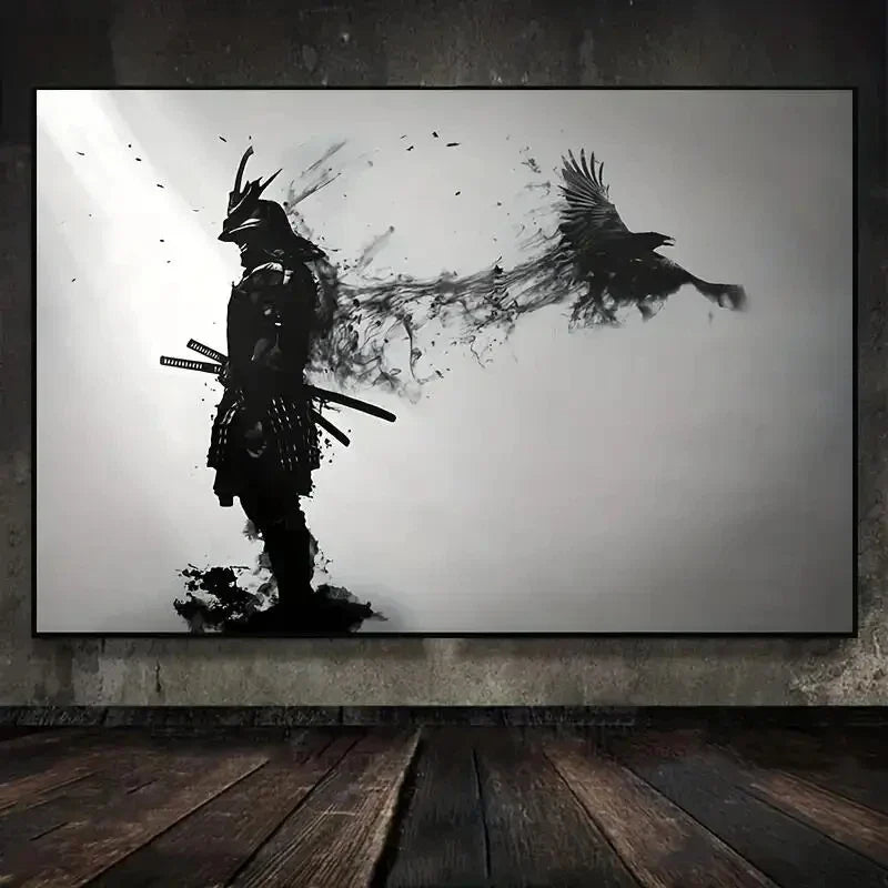 Affiches et impressions murales d'homme samouraï noir japonais en noir et blanc avec corbeaux, tableau sur toile pour salon, décorations Cuadros