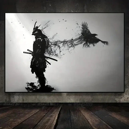 Affiches et impressions murales d'homme samouraï noir japonais en noir et blanc avec corbeaux, tableau sur toile pour salon, décorations Cuadros