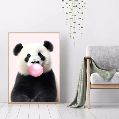 Lindo Panda Rosa Jirafa Conejo Guepardo Cebra Soplando Chicle Póster Lienzo Pintado para Habitación Infantil Decoración con Estampados de Animales