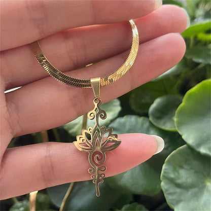 Stainless Steel Unalome Pendant Necklace | Yoga Jewelry with Lotus Flower