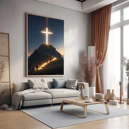 Peinture sur toile murale Croix chrétienne moderne au sommet de la montagne Jésus Croyants Affiches pour la décoration de chambre de maison ou d'église