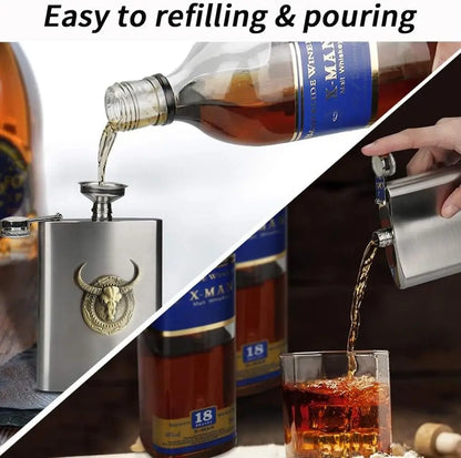 6 oz Stainless Steel Hip Flask with Bull Totem Wine Pot Portable Hip Flask Travel Alcohol Liquor Bottle