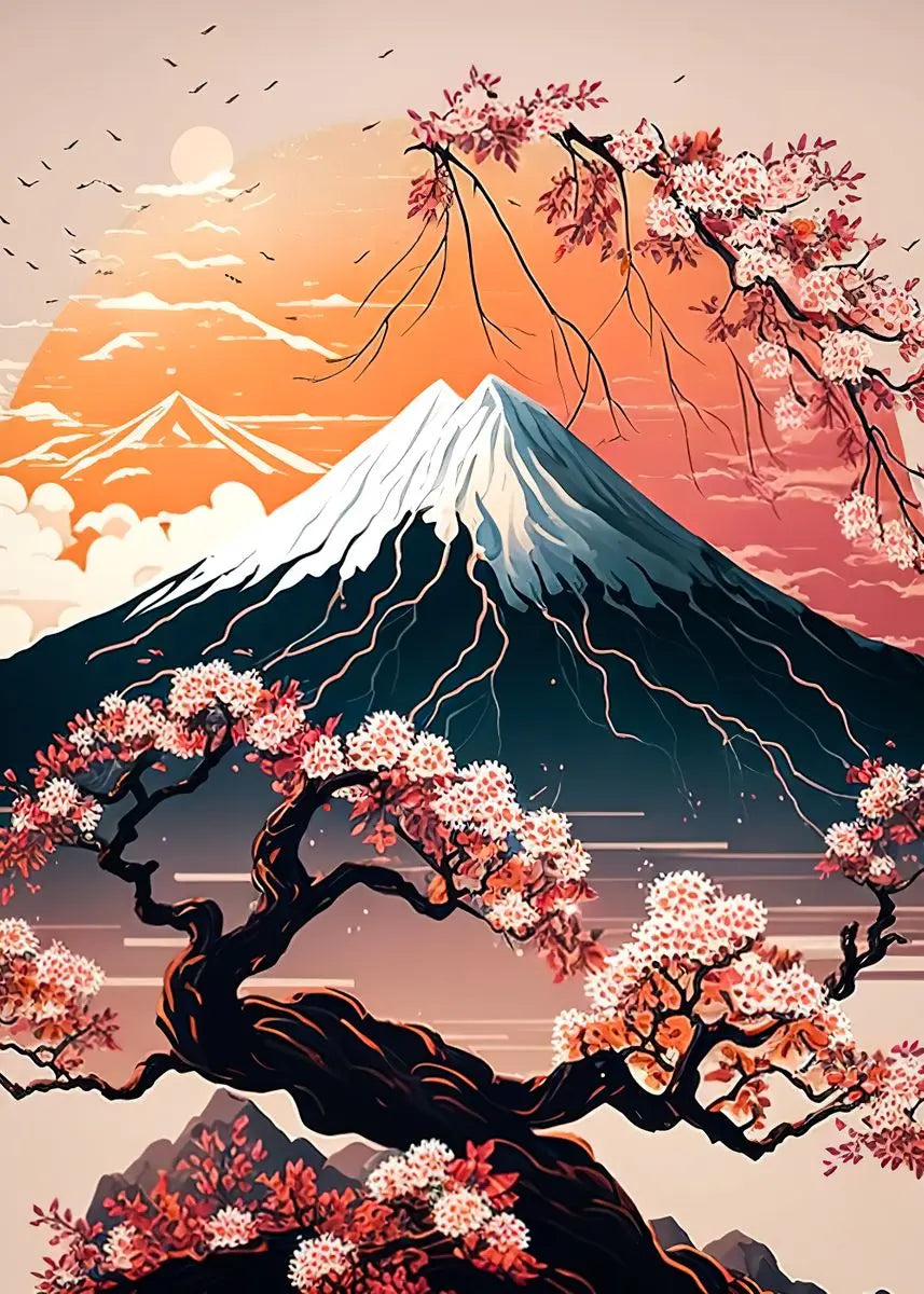 Póster japonés de flor de cerezo, montaña Fuji, puesta de sol, Tokio, lienzo impreso en HD, pintura artística de pared, imágenes, decoración del hogar